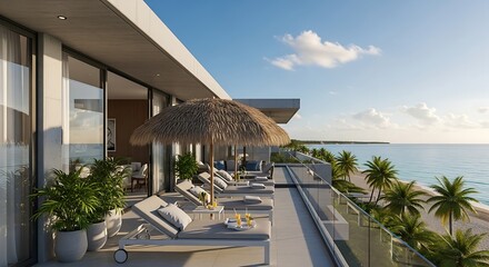 Luxury beachfront terrace with lounge chairs and ocean view