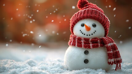 Snowman in Red Hat on Snowy Scene (Winter Outdoor Scene)
