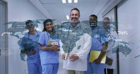 Medical team walking down corridor initiating animated global network overlay showing health data - Powered by Adobe