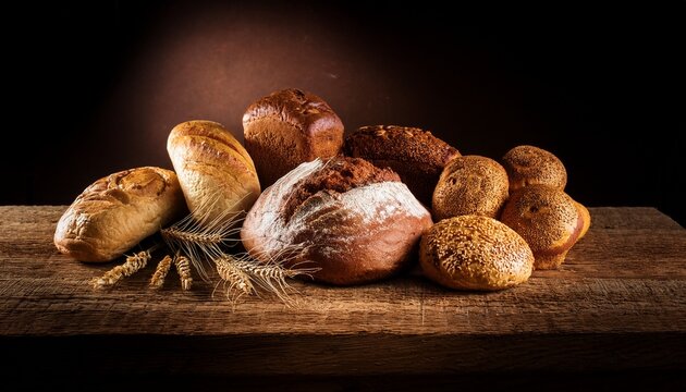 assorted freshly baked breads on rustic wooden table display