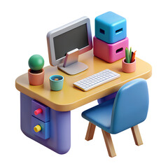 3D cartoon Office Desk with Computer and Chair Isolated on White Background in plastic style