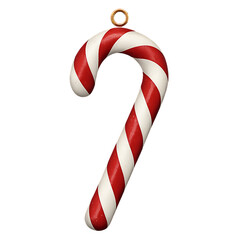 Candy cane ornament with red and white striped pattern and curved hook isolated on transparent background for holiday design