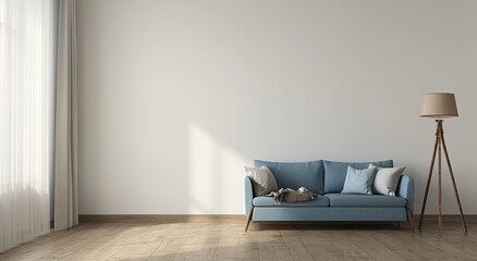 Minimalist living room interior with blue sofa and wooden floor lamp against white wall, frontal view, modern home decor and Scandinavian design concept