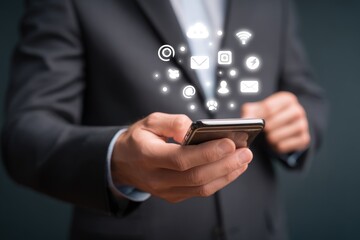 Businessman uses smartphone, social media icons hover