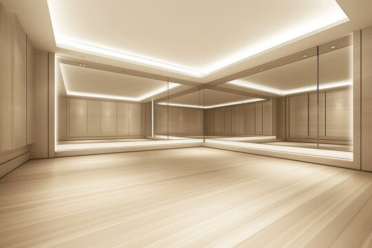 Minimalist dance studio interior with light wood paneling and large wall mirrors, spacious elegant environment for ballet or contemporary dance practice with ambient lighting