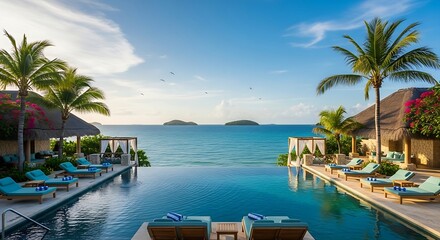 Luxury infinity pool overlooking the ocean with palm trees and cabanas