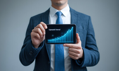 Businessman holding smartphone displaying digital graph with upward trend in office