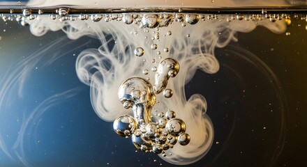 Abstract swirling clouds and bubbles of white liquid dissolving in clear water