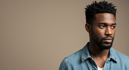 Obraz premium Thoughtful African American Man in Denim Jacket Looking Away
