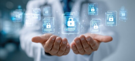 Doctor's hands holding holographic security icons