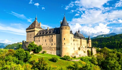 Majestic medieval castle surrounded by lush greenery under a bright blue sky