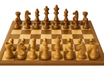 Wooden chess pieces standing on checkered chessboard with transparent background