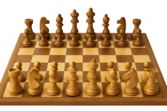 Wooden chess pieces standing on checkered chessboard with transparent background