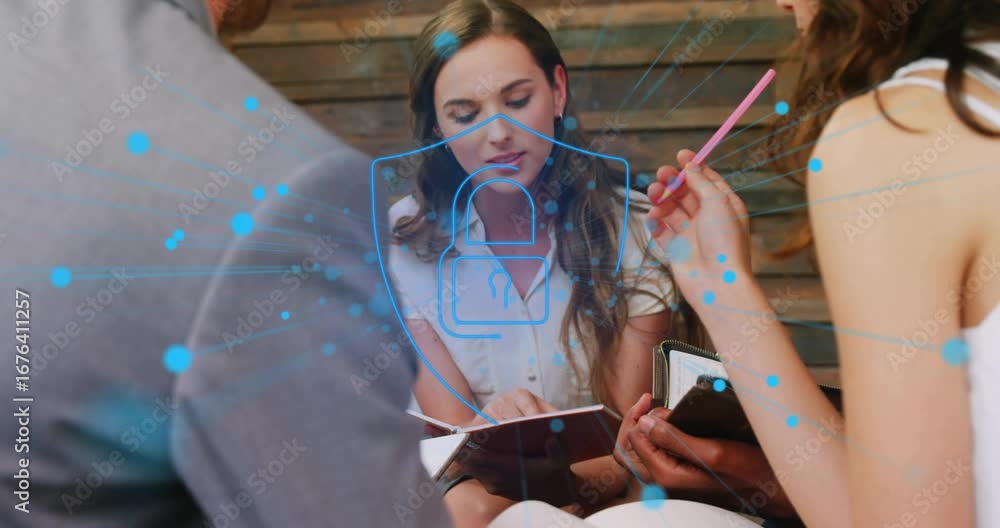 Poster business team flipping notebook initiating data particles swirling forming shield lock icon
