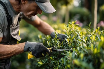 Gardener pruning bushes in sunlight.