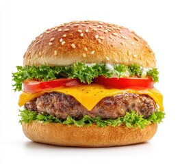 Classic cheeseburger,  topped with lettuce, tomato, and cheese, served on a sesame seed bun