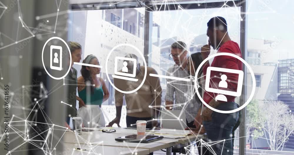 Poster man in red pointing at file initiating business data review with network graphics driving insights