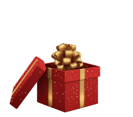 Open gift box with golden ribbon and sparkles