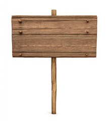 Wooden sign, weathered, rectangular, mounted on a pole, isolated
