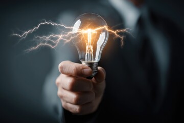 A hand holds a glowing light bulb with lightning effects