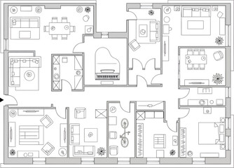 Detailed architectural blueprint of a multi room residential floor plan showing layout and interior design elements