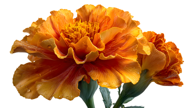 A vibrant and beautiful orange marigold flower, creaed with generative AI, stads out prominently when islated on a clean white bacground. The delicate petal and rich color of the margold are
