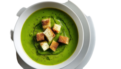 Creamy green soup with croutons