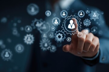Businessperson interacts with interconnected gears and people icons, suggesting a system of human resources or team management