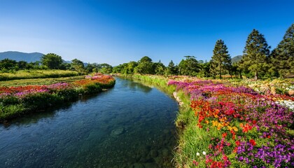 Fototapeta premium serene river meanders through vibrant flowers and lush greenery in a tranquil oasis under a clear blue sky