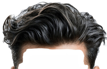 Close-up view of styled dark hair