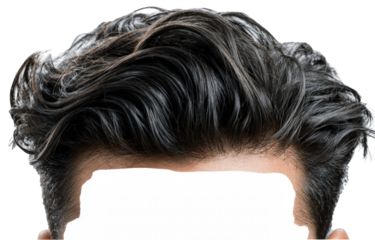 Close-up view of styled dark hair