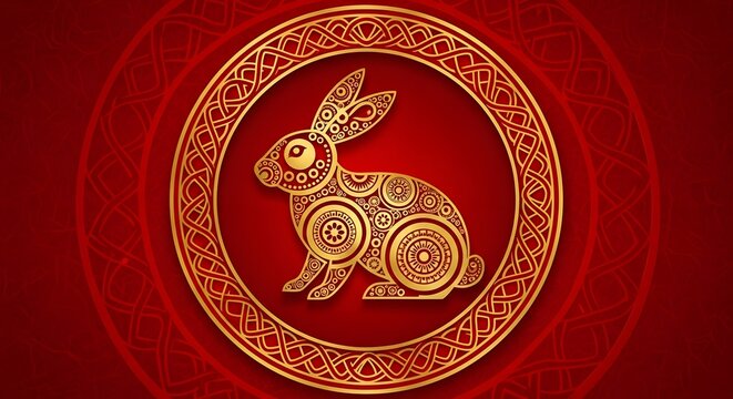 Golden rabbit symbol on a red background, representing the chinese new year and the year of the rabbit, symbolizing fortune, luck, and prosperity