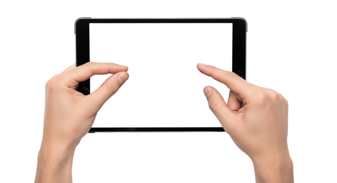 Person s hands interacting with a digital tablet screen against a black background