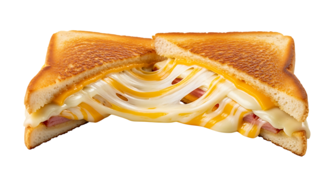 Deliciously gooey grilled cheese sandwich with melted cheese stretching