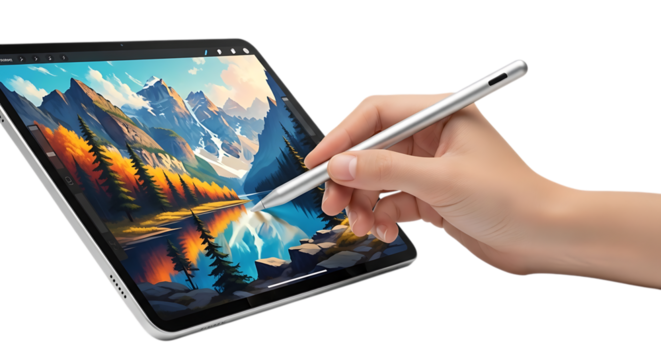 Artist using stylus on digital tablet to create colorful landscape painting