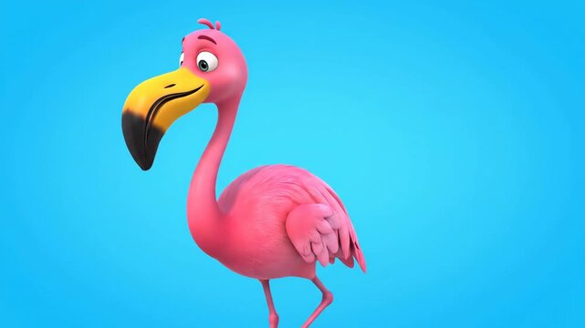 Animated Pink Flamingo Character on Blue Background: Cartoon Bird, 3D Render