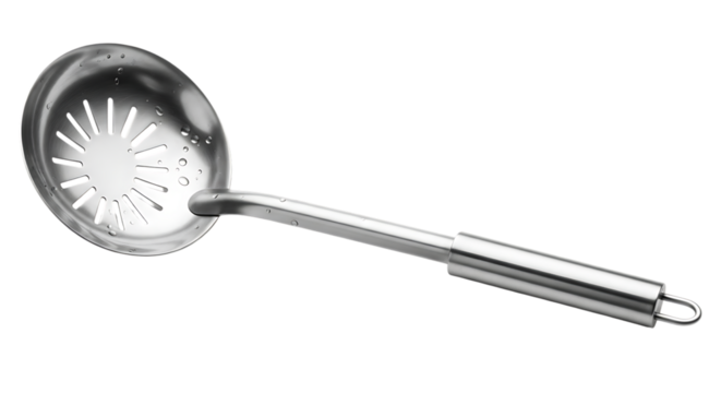 Stainless steel slotted spoon with a long handle and hanging loop