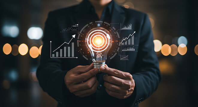 A professional holds a glowing light bulb with a digital target and data graphs, symbolizing a data-driven business idea.