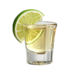 A shot glass of tequila with a lime wedge