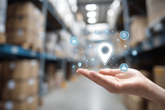 Hand holding a location pin graphic over a warehouse