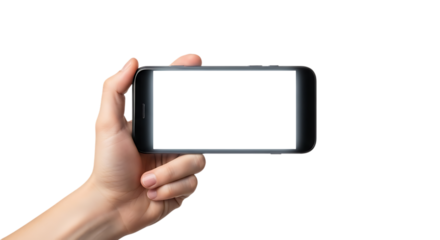 Hand holding a smartphone horizontally with a blank screen against a black background