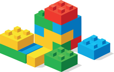 Colorful Plastic Building Blocks Arranged in a Simple Tower and Other Shapes Illustrating Creativity Play and Early Childhood