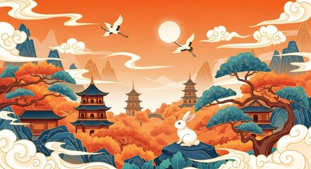 A vibrant illustration of a traditional chinese landscape with pagodas, cranes, and a rabbit under a bright sun, evoking a sense of oriental folklore and autumn beauty