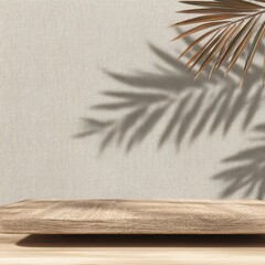 Empty Wooden Display Table With Palm Leaf Shadow