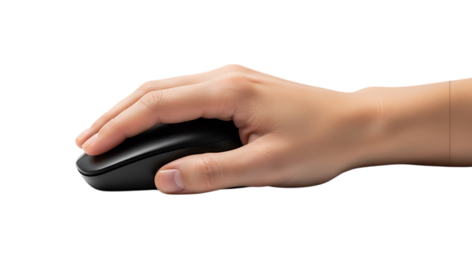 Person s hand holding and clicking a computer mouse on a black background