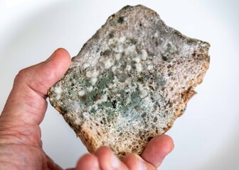 spoiled, old moldy food on white round plate in top view