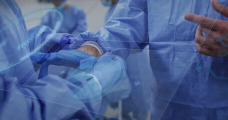 Scrub nurse tearing gloves and guiding surgeon's hand as medical digital overlay highlighting fit - Powered by Adobe