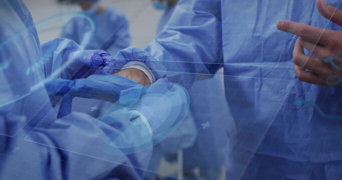 Scrub nurse tearing gloves and guiding surgeon's hand as medical digital overlay highlighting fit