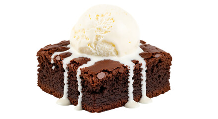 Rich chocolate brownie topped with vanilla ice cream and drizzled with sauce