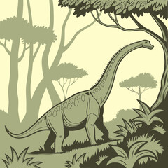 Illustration of a brachiosaurus dinosaur in a prehistoric forest setting.